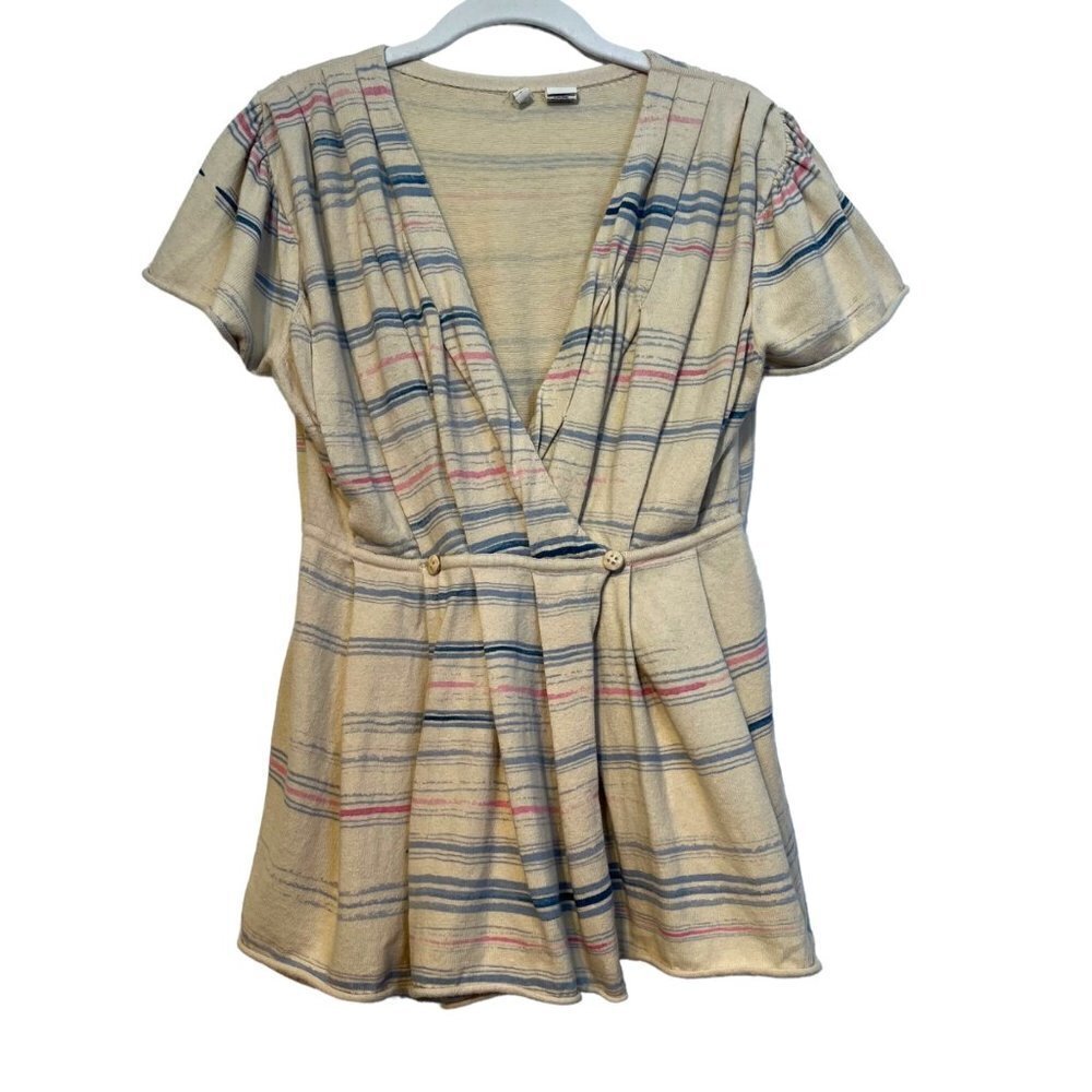 Moth Wrap Front Pleated Terry Linen Cotton Blend Shirt Size Medium Cream Pink